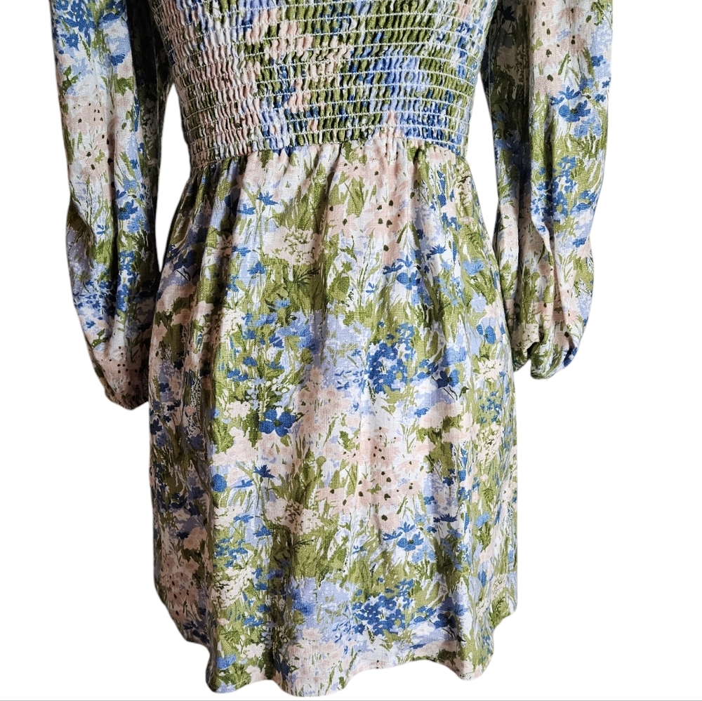 Reformation Greyson Hillside Floral Linen Mini Dress Sz S Smocked Puff Sleeves - Picture 8 of 16